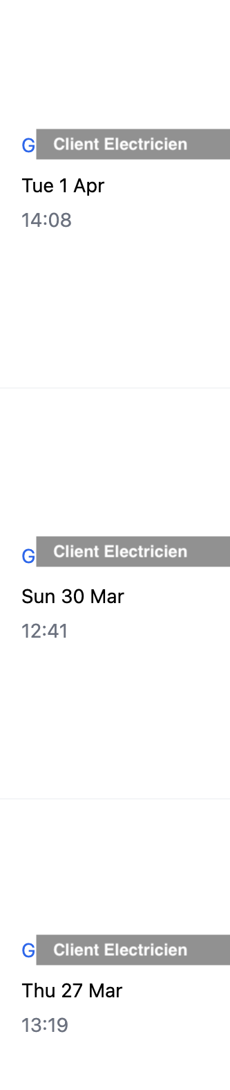 Extrait de la boîte de réception de leads de Guillaume, demandes de devis client électricien