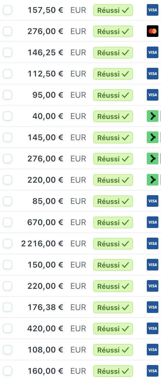 Extrait du tableau de paiements Stripe de Vincent, transactions réussies